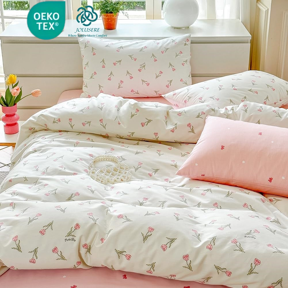 JOLUSERE 100% Organic Cotton Comforter Queen Sets, 3 Pieces Botanical White Pink Floral Tulip Flower Comforter Sets