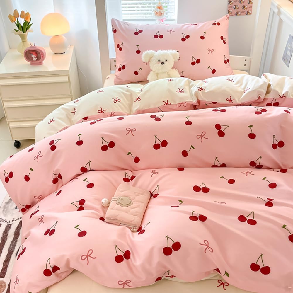 JOLUSERE 3-Piece Red Cherries with Pink Bows Comforter Full Set , Soft Aesthetic Cherry Pattern Bedding Set for Kids Adults