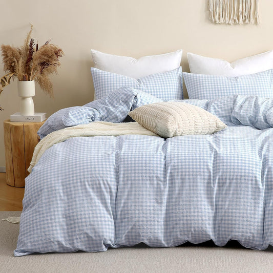 JOLUSERE 3-Piece Soft Breathable Gingham Duvet Cover Queen Set，Blue White Plaid Checkered Bedding Cover