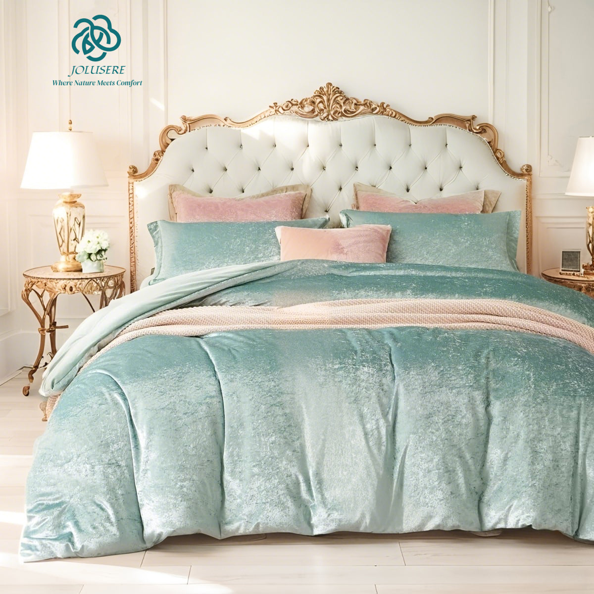 JOLUSERE Cozy Velvet Comforter Queen Set，Luxury 3-Piece Winter Fluffy Shiny Flannel Warm Reversible Comforter Set, Glossy Green