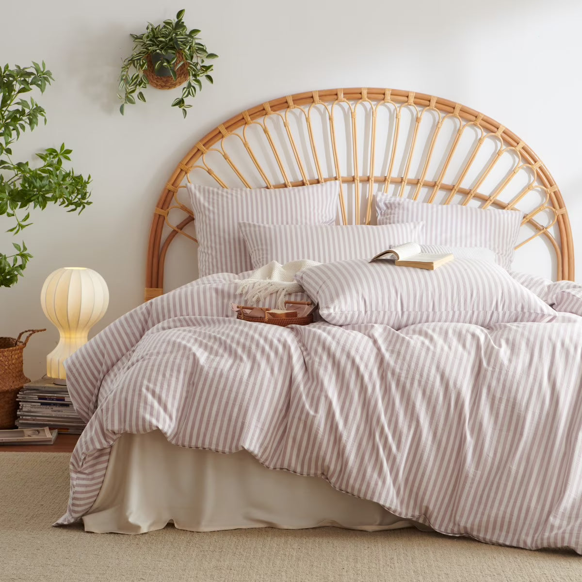 JOLUSERE 100% Cotton Striped Duvet Cover Full Set, 3-Piece Linen Like Textured Breathable Comforter Cover(Greyish Pink& White Classic Stripes)