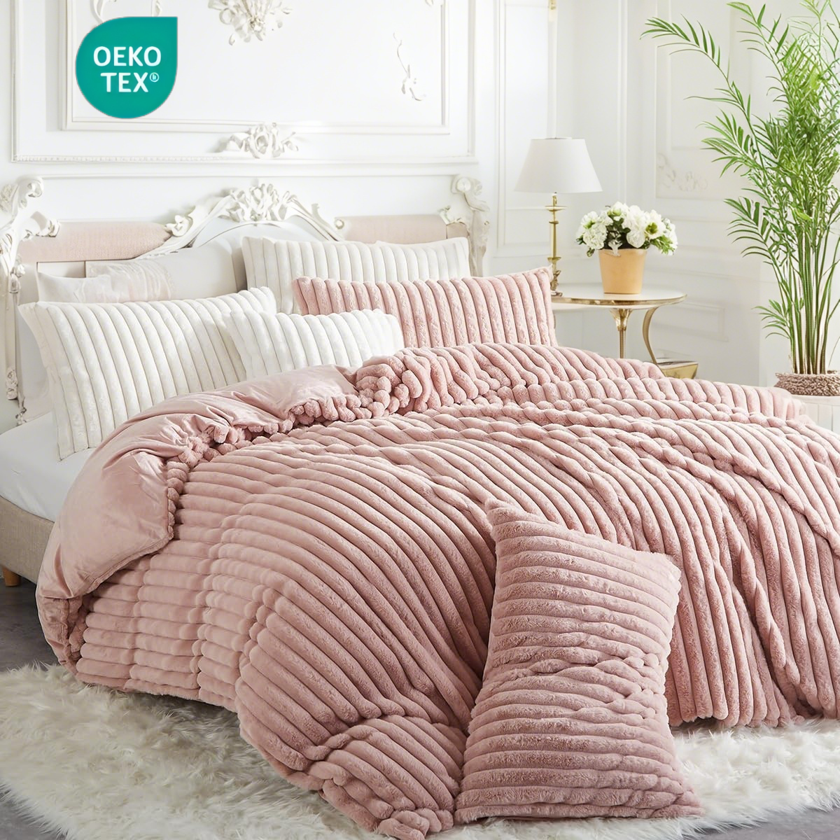 JOLUSERE Soft Pink Fluffy Striped Duvet Cover King Set, 3-Piece Super Soft Faux Rabbit Fur Winter Warm Fuzzy Comforter Cover
