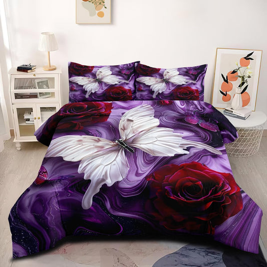JOLOSERE Butterfly Roses Comforter King Set, 3-Piece Romantic Rose Butterfly Purple Bedding Comforter Set for Adults All Season