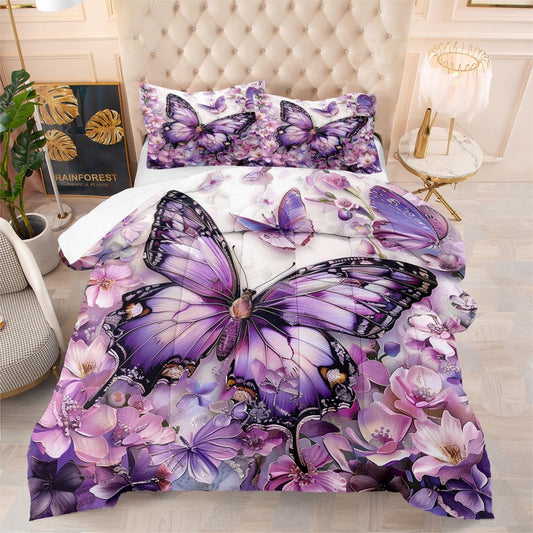 OMELA Purple Butterfly Comforter Set King Size,3 Pcs Chic Floral Purple Butterfly Thick Comforter Set for Girls Women Adults All Season
