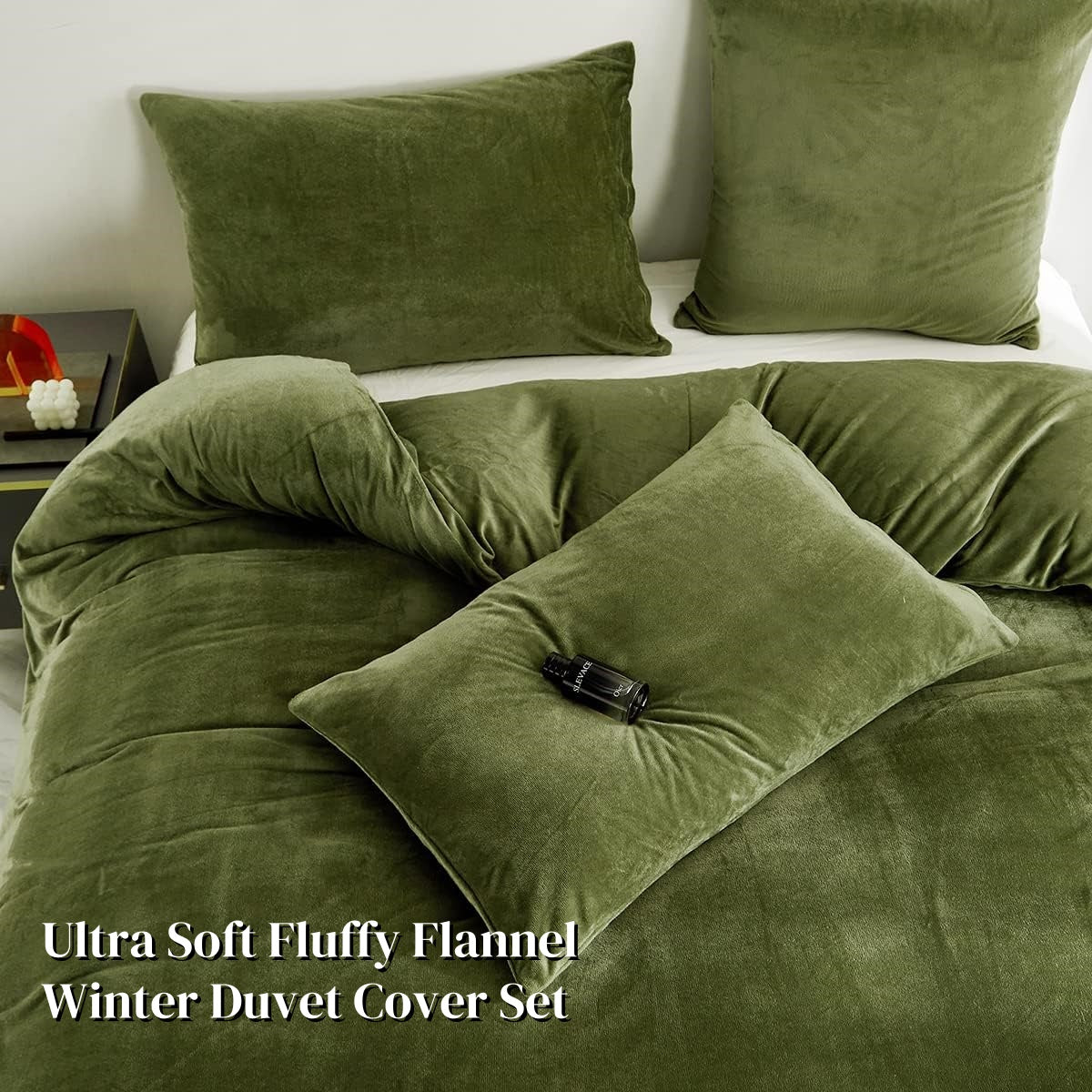 JOLUSERE Olive Green Velvet Duvet Cover King Set, 3-Piece Ultra Soft Fluffy Flannel Winter Bedding Cover