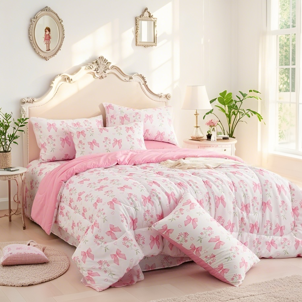 JOLUSERE Pink Bowknot Girls Queen Comforter Set, 3 Pieces Pink Bows Princess Style Bedding Sets for Girls for All Season