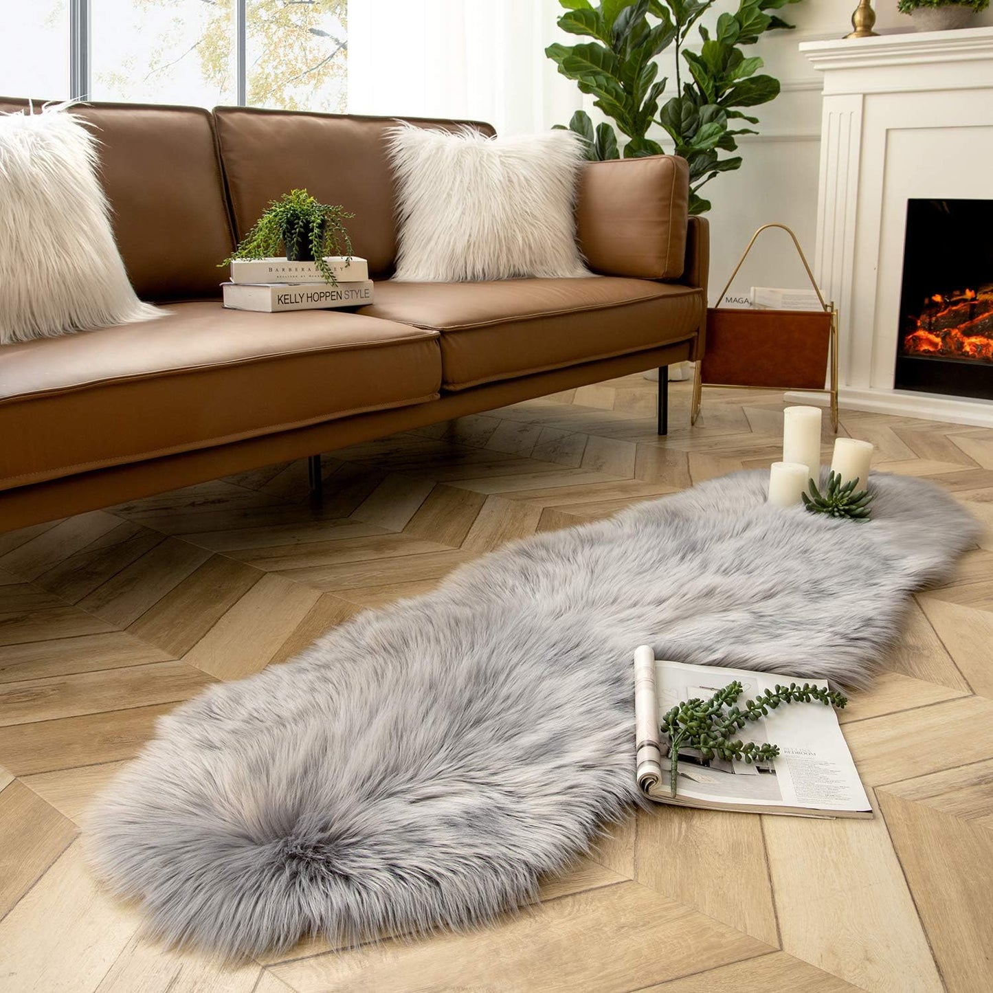 JOLUSERE Luxury Ultra Soft Faux Fur Area Rugs,2'x5'Fuzzy Faux Fur Rugs for Living Room Bedroom,Gray