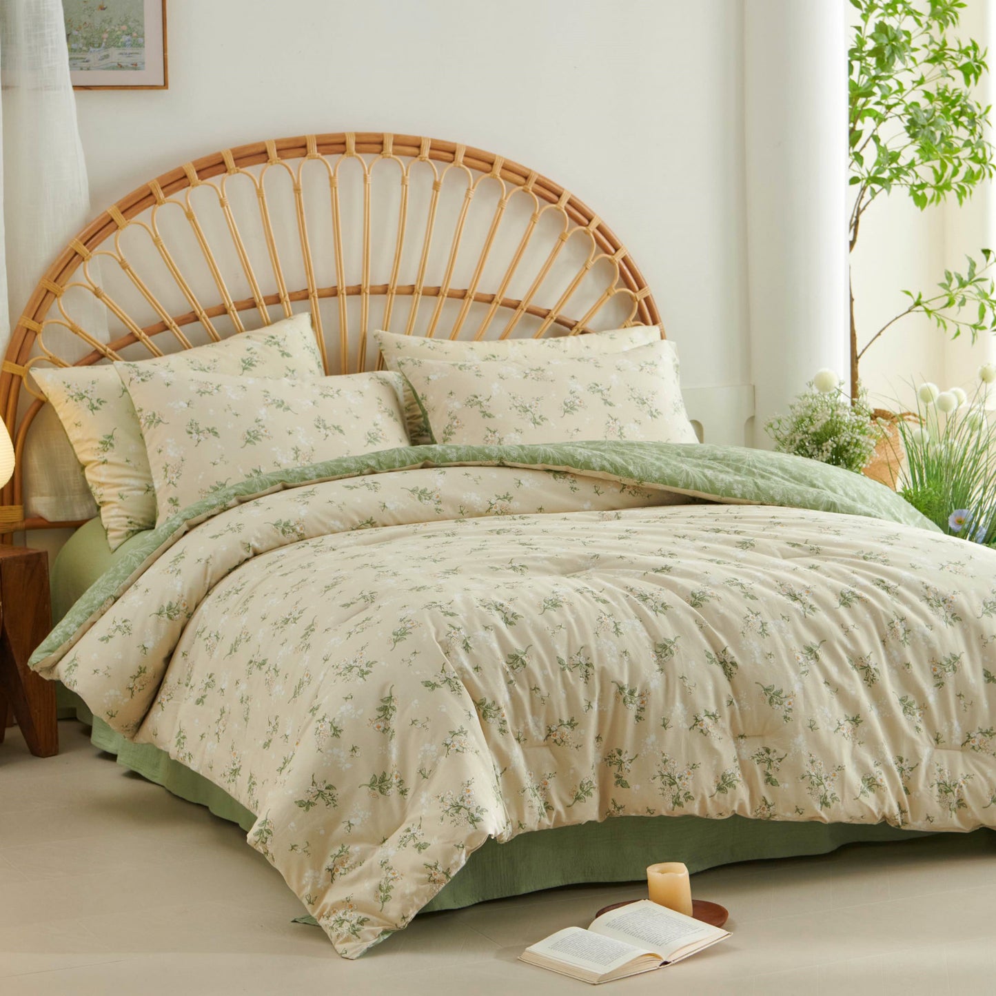 JOLUSERE Beige Green Floral Full Cotton Comforter Set, 3-Piece Farmhouse Chic Style Reversible Soft Bedding Set for Adults All Season