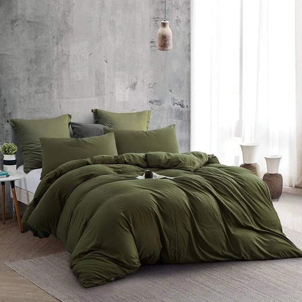 JOLUSERE 3 Piece 100% Washed Cotton Beige Duvet Cover Set Luxury Soft and Breatheable Bedding Set with Zipper Closure,Queen Size