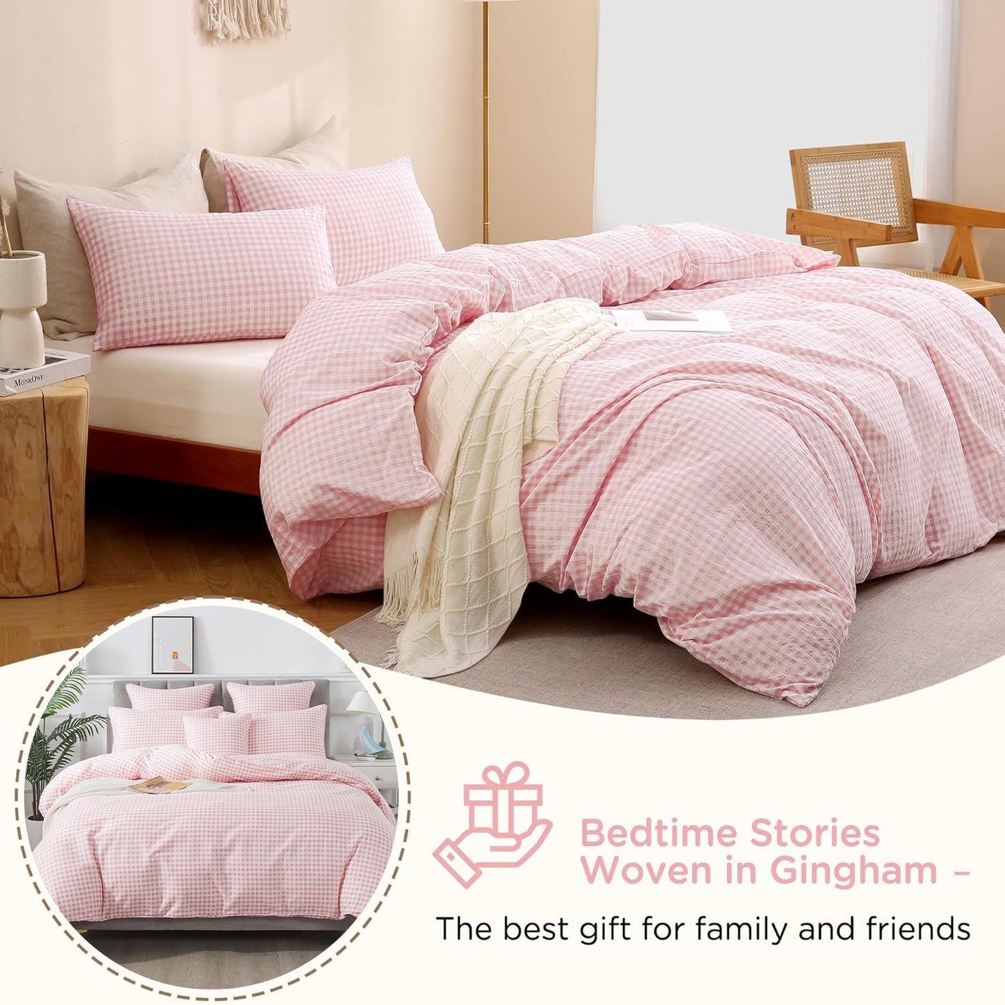 JOLUSERE 3-Piece Soft Breathable Gingham Duvet Cover Queen Set，Pink White Plaid Checkered Bedding Cover