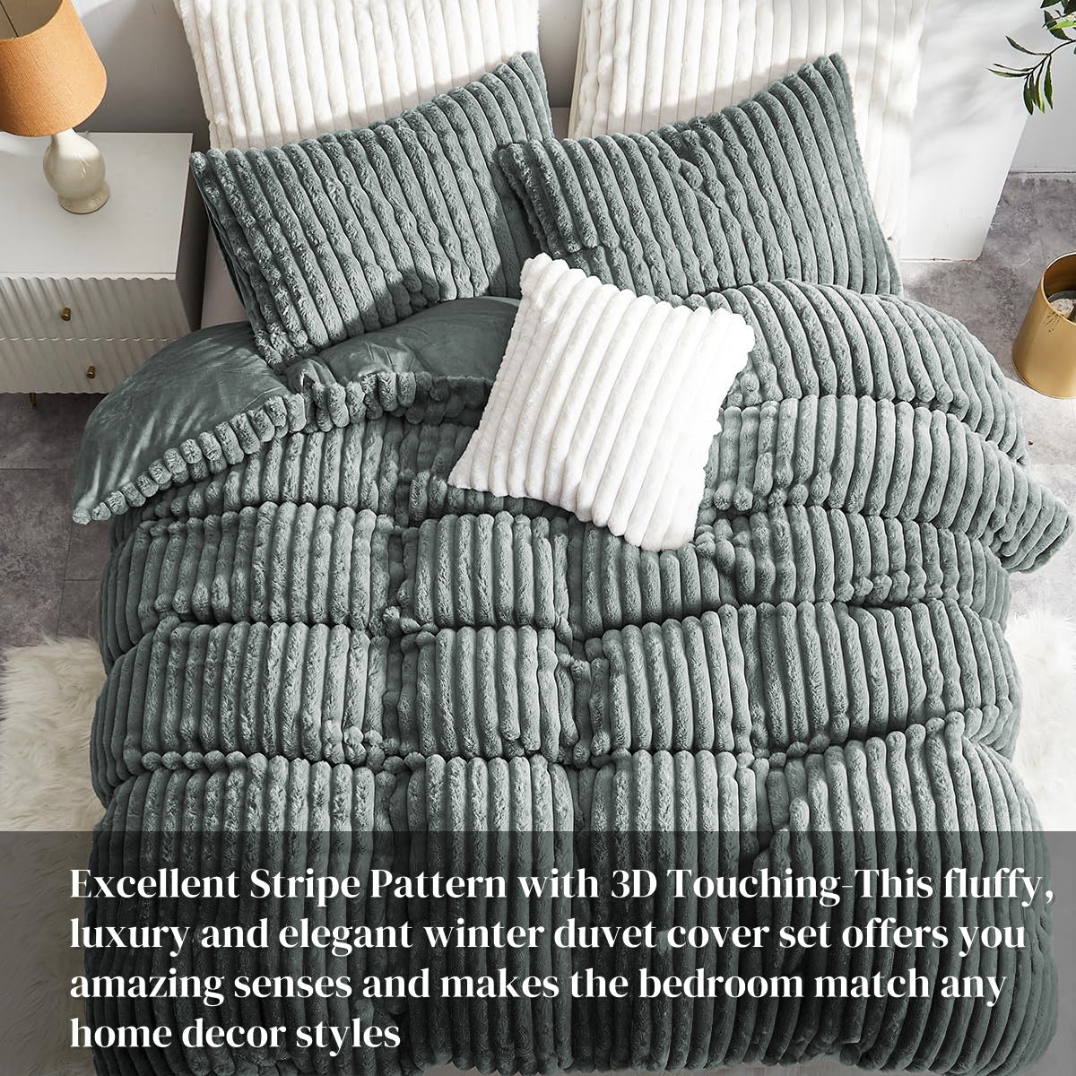 JOLUSERE Dark Gray Fluffy Striped Duvet Cover Queen Set, 3-Piece Super Soft Faux Rabbit Fur Winter Warm Fuzzy Comforter Cover