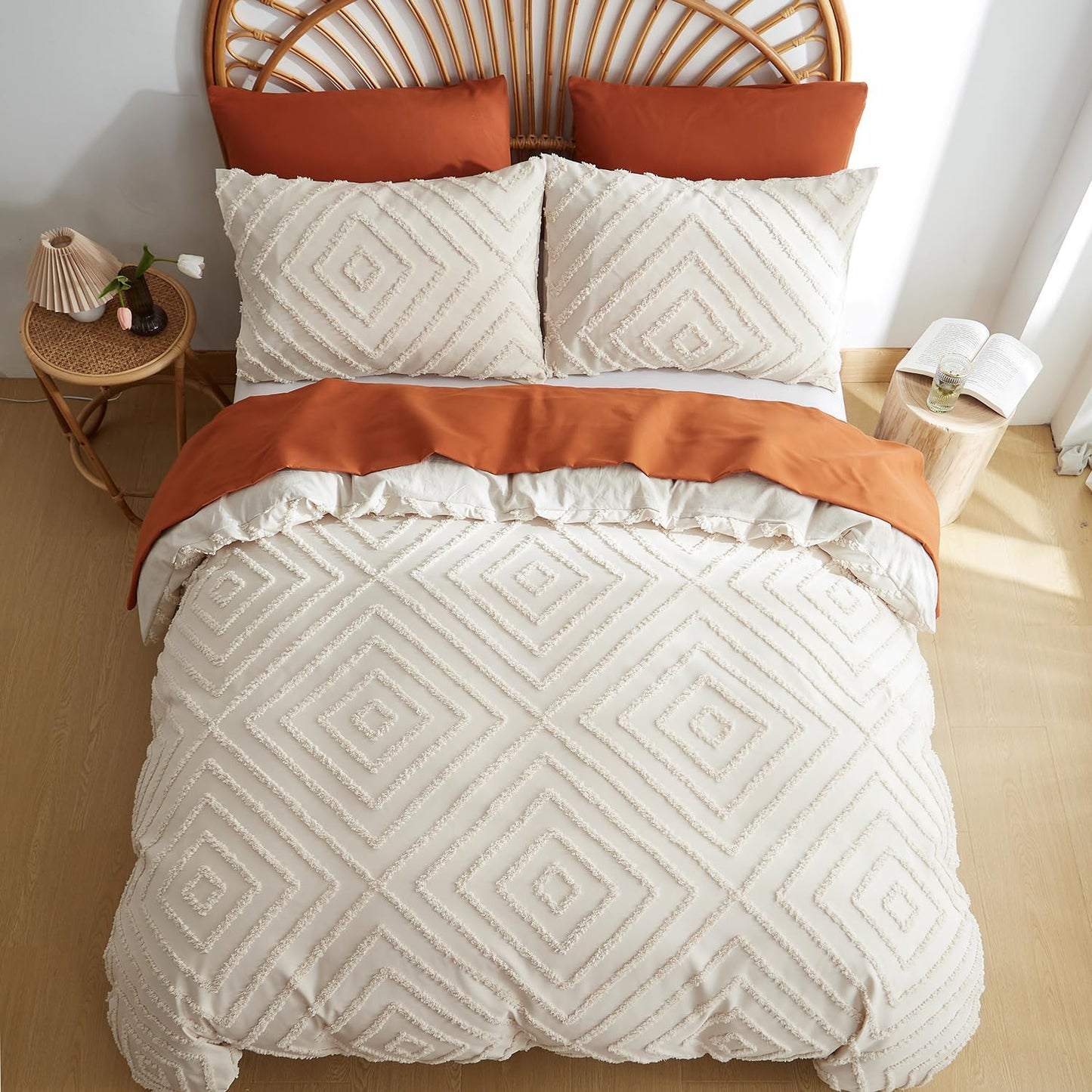 JOLUSERE Jacquard Geometric Pattern Tufted Duvet Cover King Set, 3 Pieces Boho Ultra Soft Embroidery Bedding Set, Beige