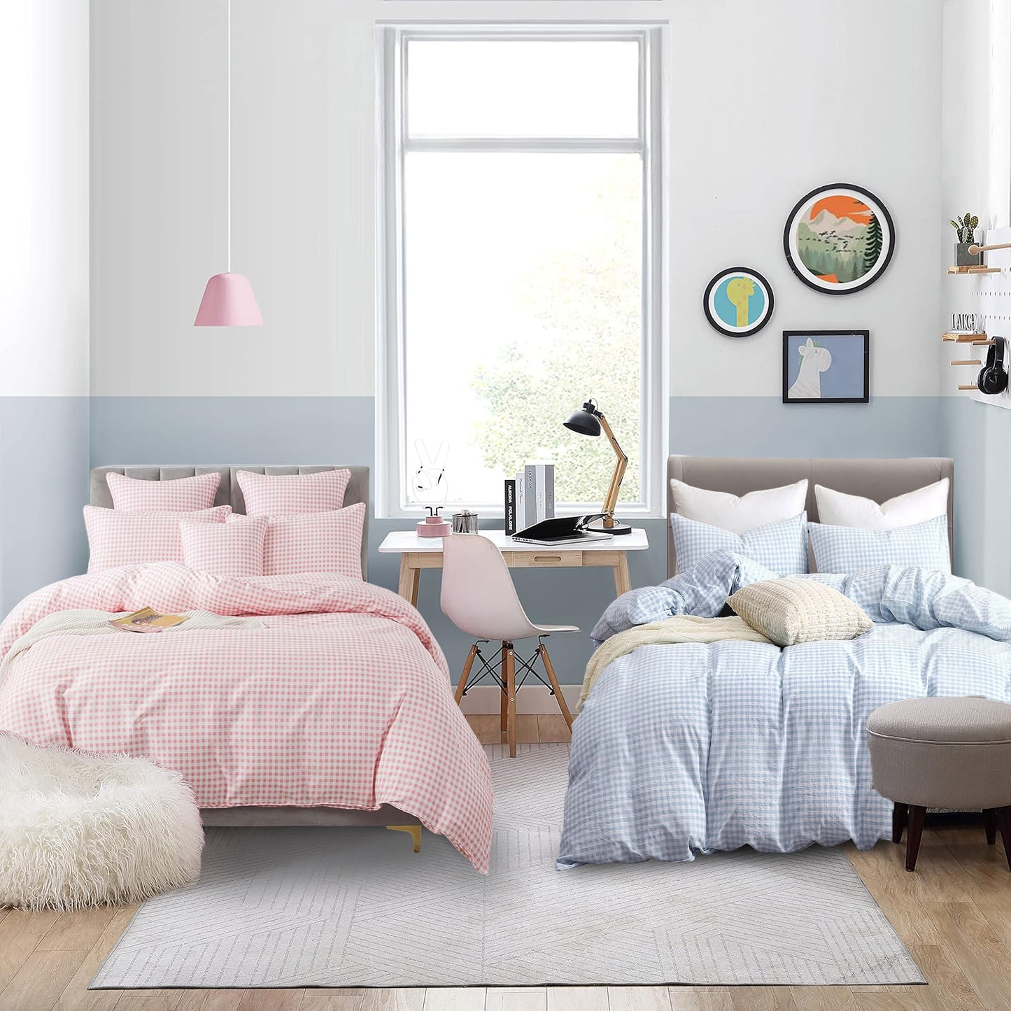 JOLUSERE 3-Piece Soft Breathable Gingham Duvet Cover Full Set，Pink White Plaid Checkered Bedding Cover