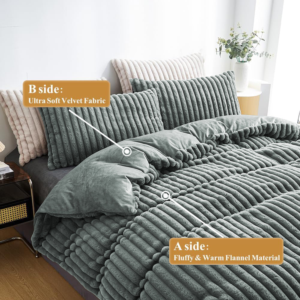 JOLUSERE Dark Gray Fluffy Striped Duvet Cover Queen Set, 3-Piece Super Soft Faux Rabbit Fur Winter Warm Fuzzy Comforter Cover
