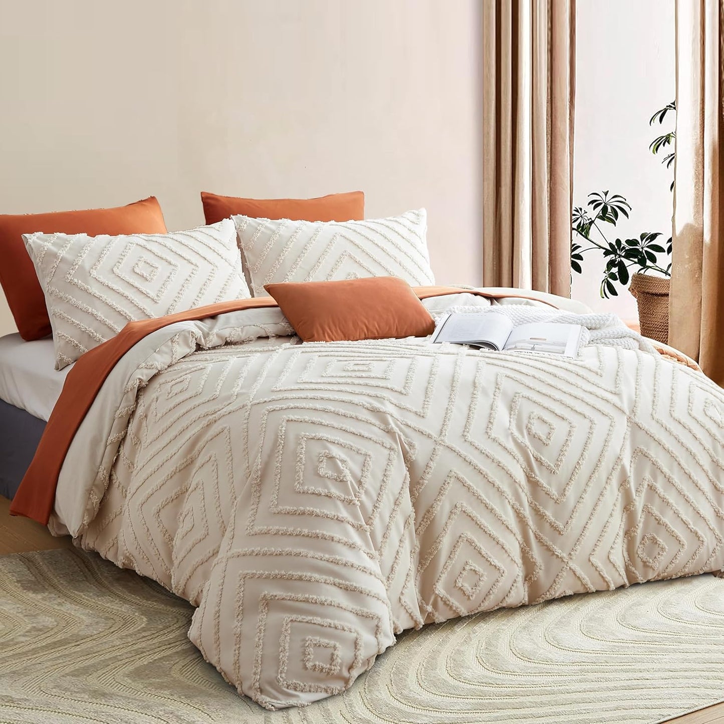 JOLUSERE Jacquard Geometric Pattern Tufted Duvet Cover King Set, 3 Pieces Boho Ultra Soft Embroidery Bedding Set, Beige