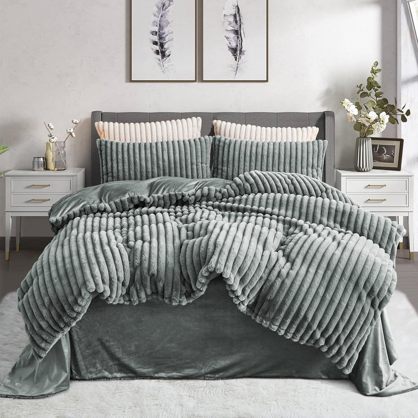 JOLUSERE Dark Gray Fluffy Striped Duvet Cover Queen Set, 3-Piece Super Soft Faux Rabbit Fur Winter Warm Fuzzy Comforter Cover