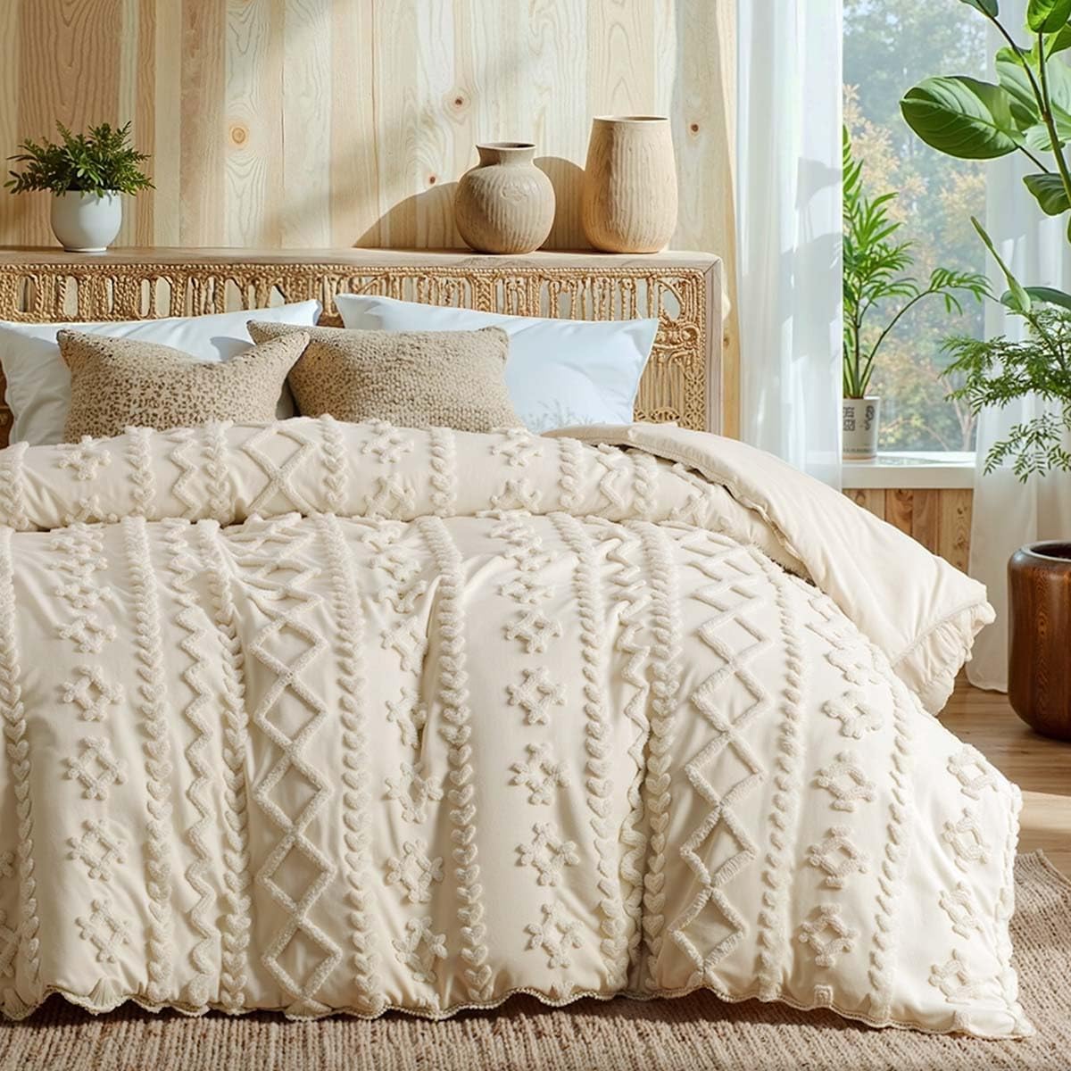 JOLUSERE Jacquard Sandflow Pattern Tufted Duvet Cover Queen Set, 3 Pieces Boho Ultra Soft Embroidery Bedding Set, Beige