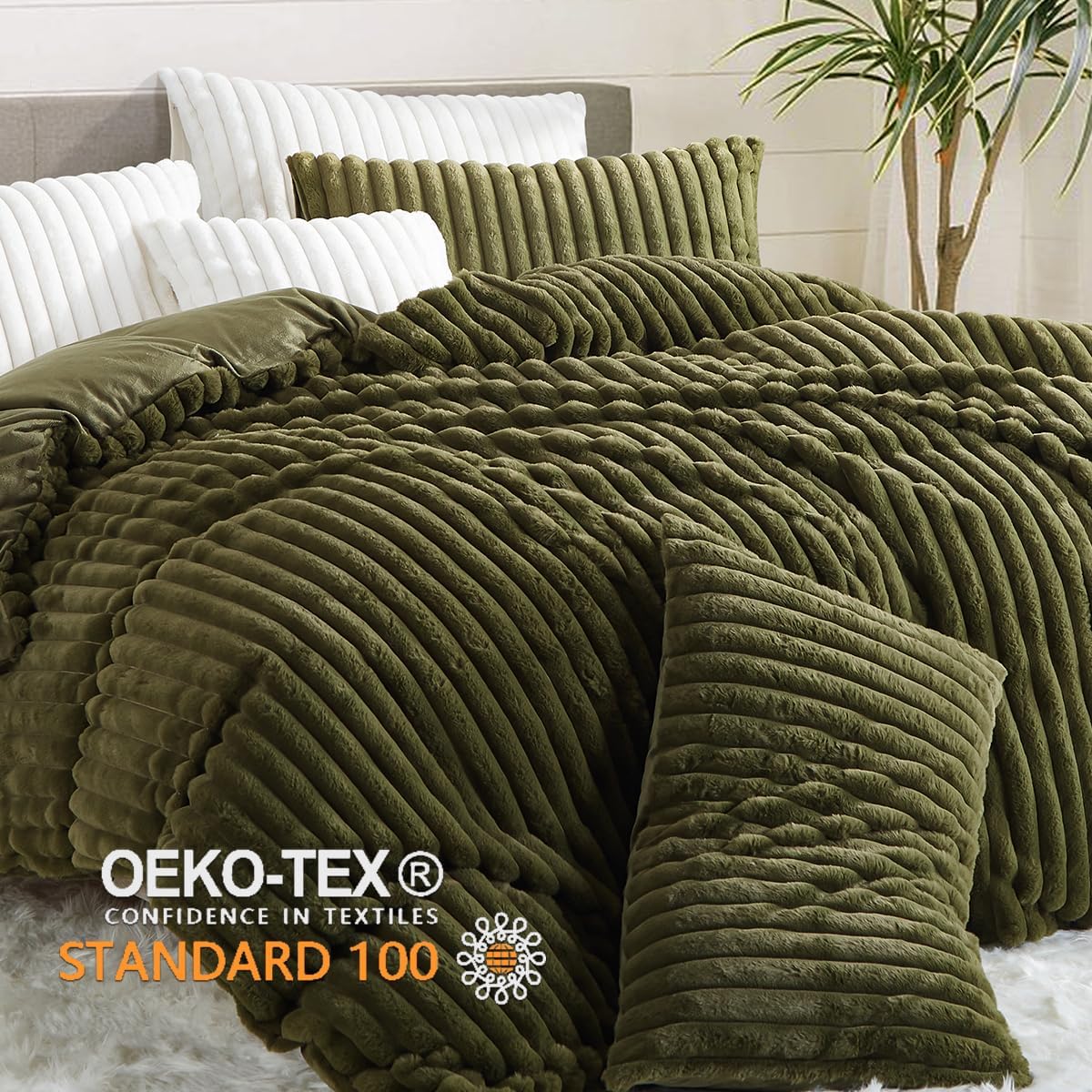 JOLUSERE Olive Green Fluffy Striped Duvet Cover Queen Set, 3-Piece Super Soft Faux Rabbit Fur Winter Warm Fuzzy Comforter Cover