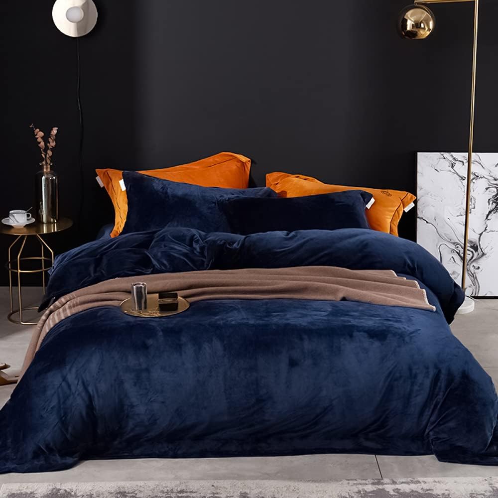 JOLUSERE Navy Blue Velvet Duvet Cover Queen Set, 3-Piece Ultra Soft Fluffy Flannel Winter Bedding Cover