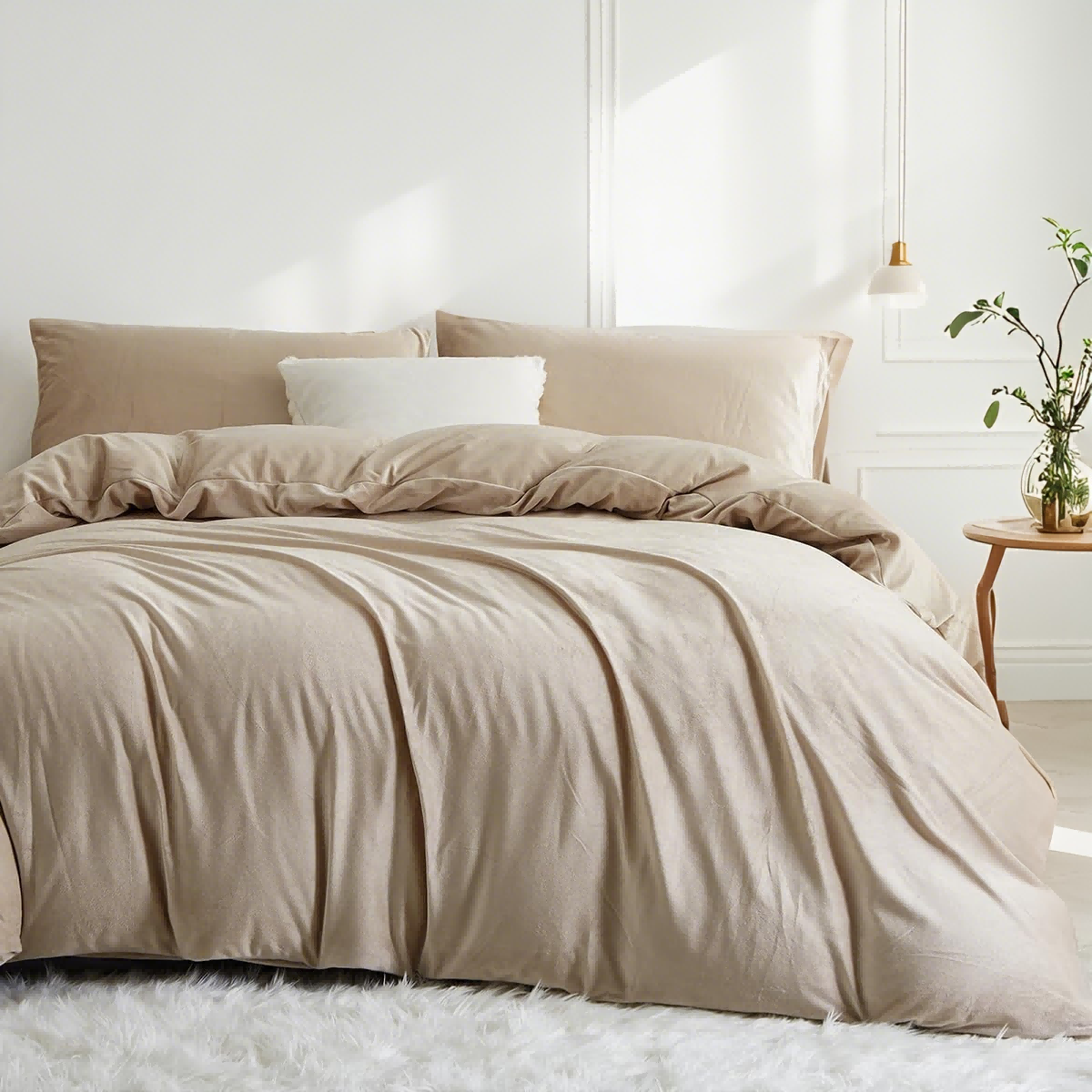 JOLUSERE Oatmeal Beige Velvet Duvet Cover King Set, 3-Piece Ultra Soft Fluffy Flannel Winter Bedding Cover