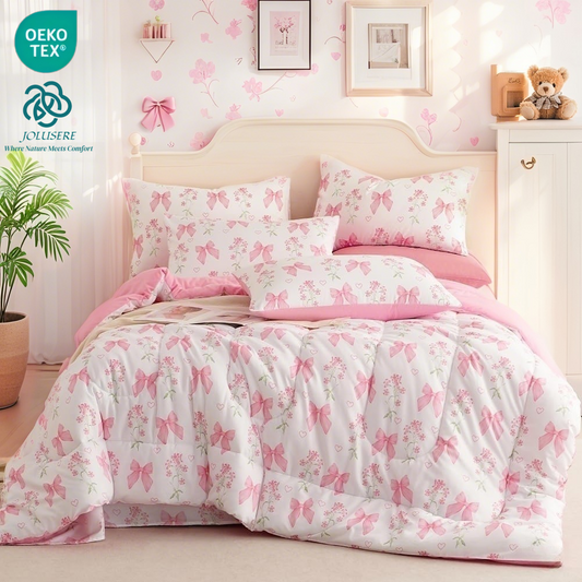JOLUSERE Pink Bowknot Girls Queen Comforter Set, 3 Pieces Pink Bows Princess Style Bedding Sets for Girls for All Season