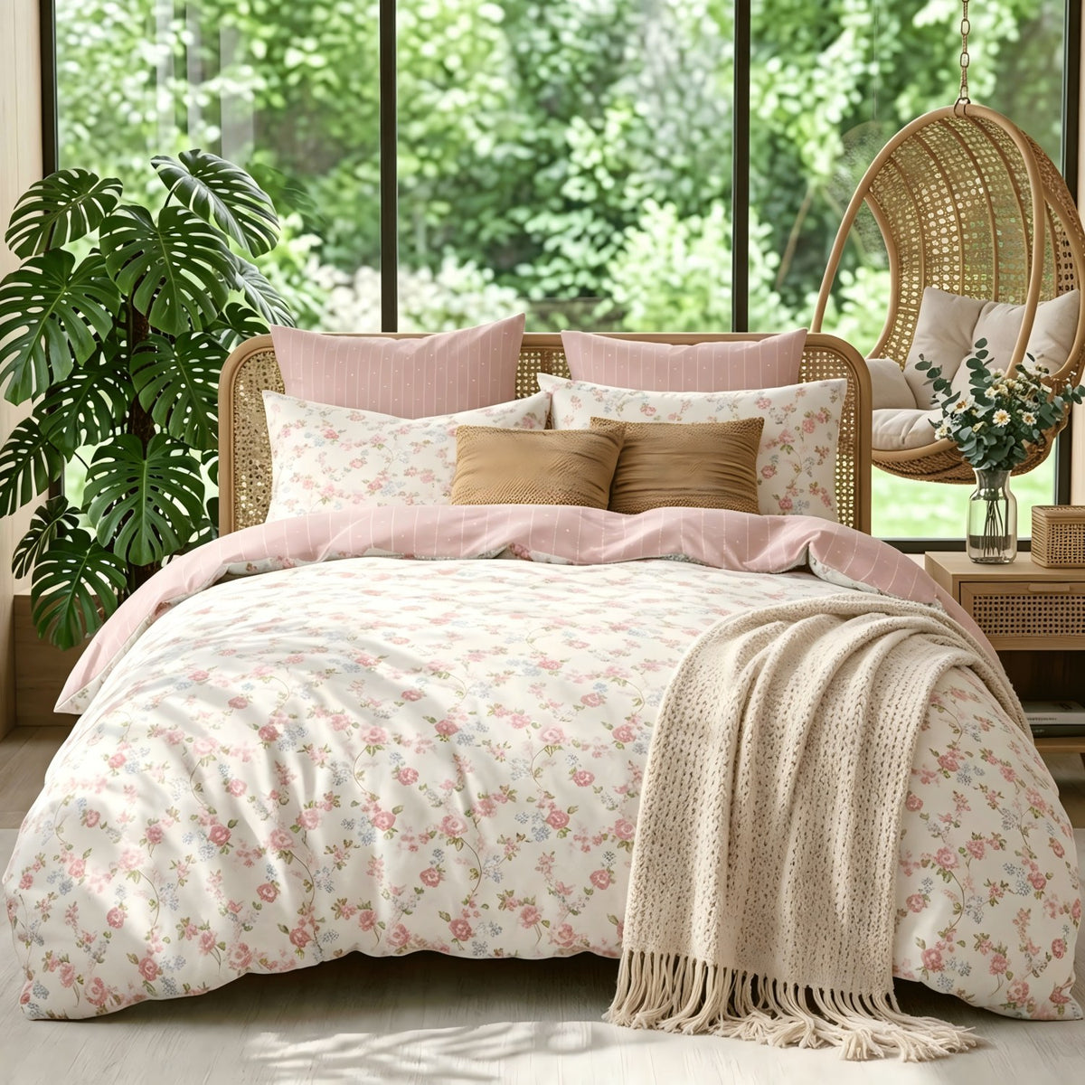 JOLUSERE 3-Piece Pink Blue Floral Reversible Comforter Queen Set, Soft Pink Striped Quilt Bedding Set for Adults