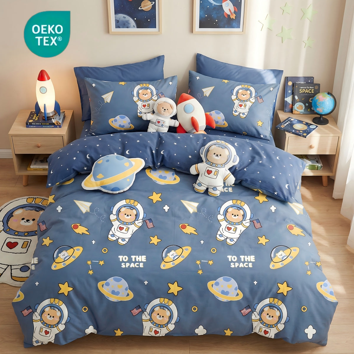 JOLUSERE 2-Piece Outer Space Blue Comforter Twin Set,Soft Bear Astronaut Planet Quilt Bedding Set for Kids Boys
