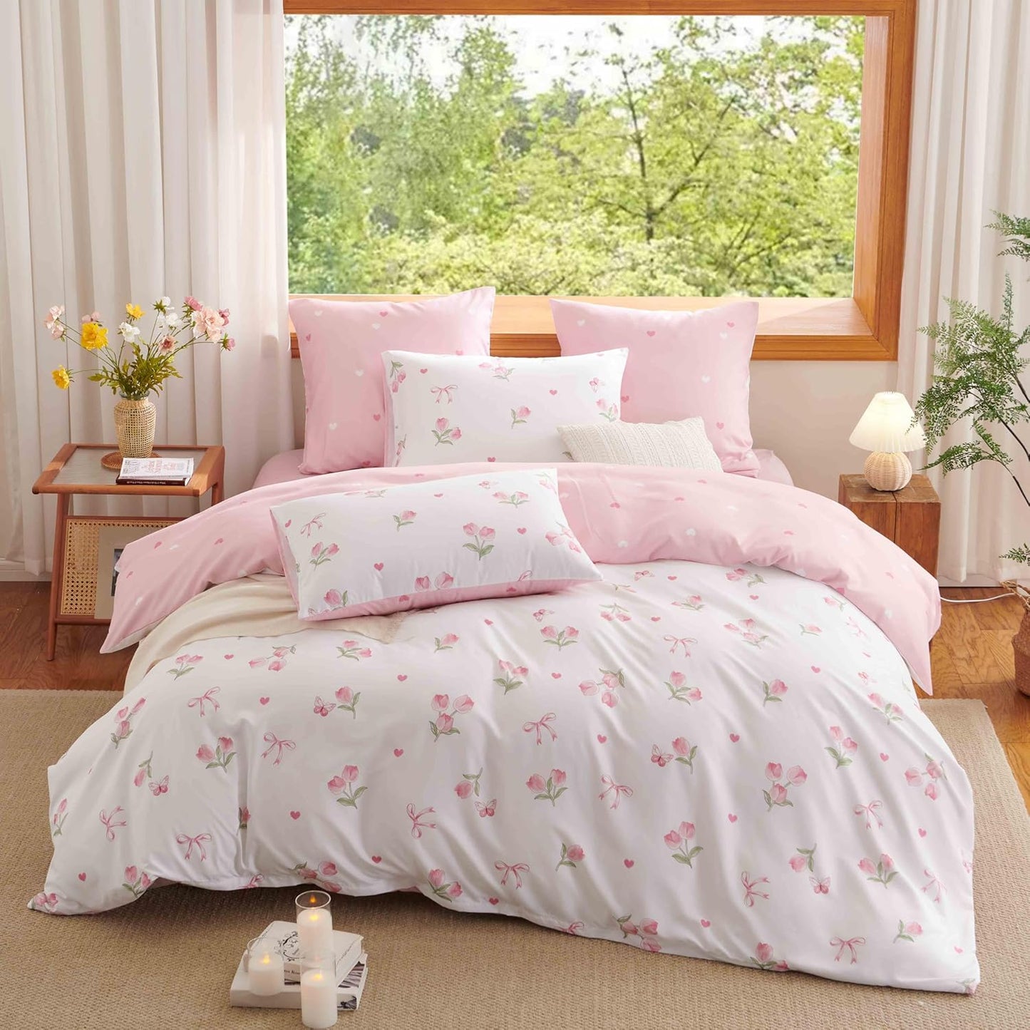 JOLUSERE Pink Tulip Queen Comforter Set, 3-Piece Pink Flowers Reversible Soft Bedding Set or Adults All Season