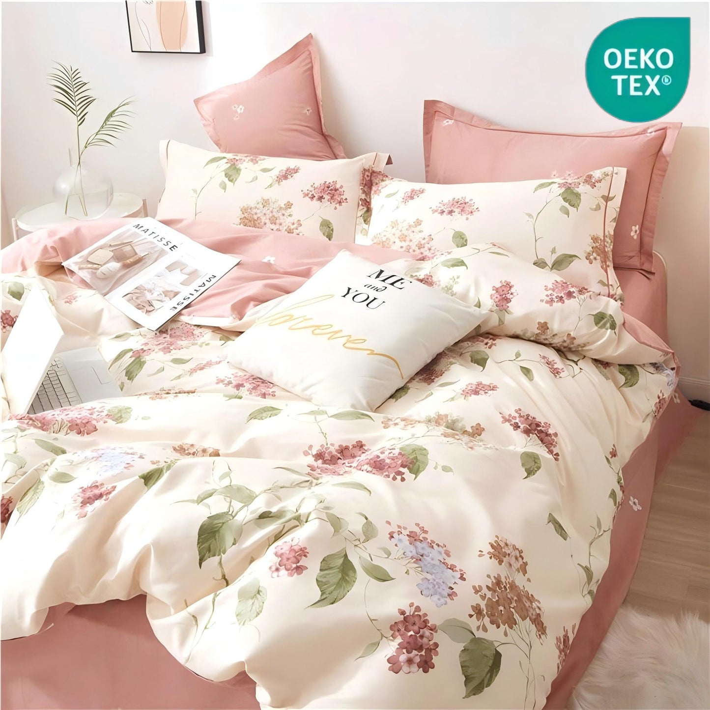 Jolusere White with Pink Flowers King Comforter Sets, 3 Pieces Chic Garden Style Reversible Bedding Sets for Adults All Season