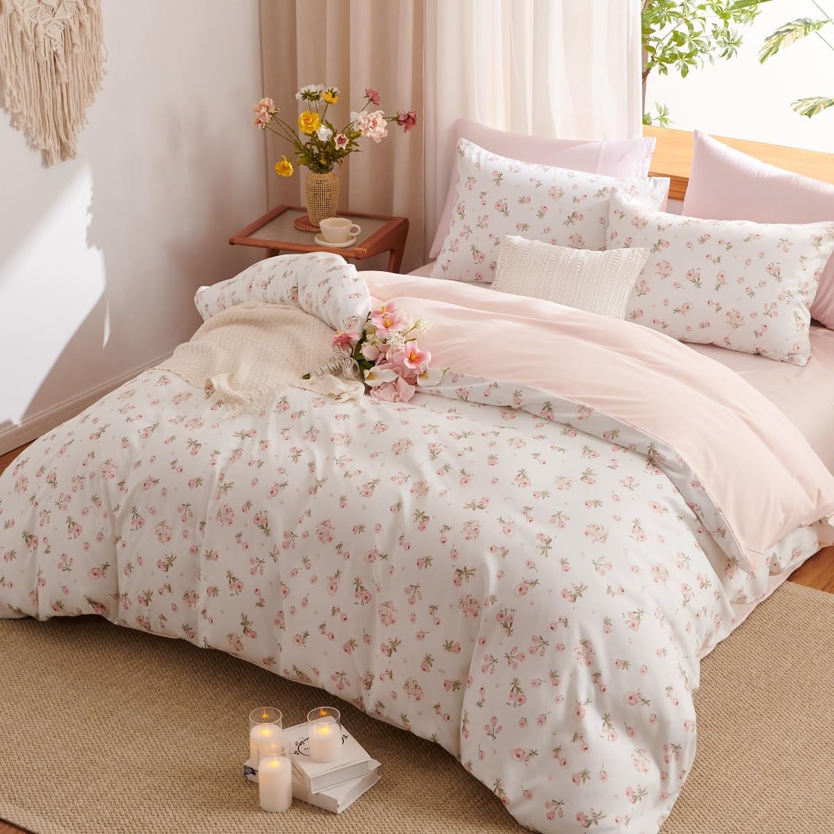 JOLUSERE Pink loyalty Floral Comforter Twin Sets, 2 Pieces Chic Botanical Pink White Floral Reversible Comforter for All Season