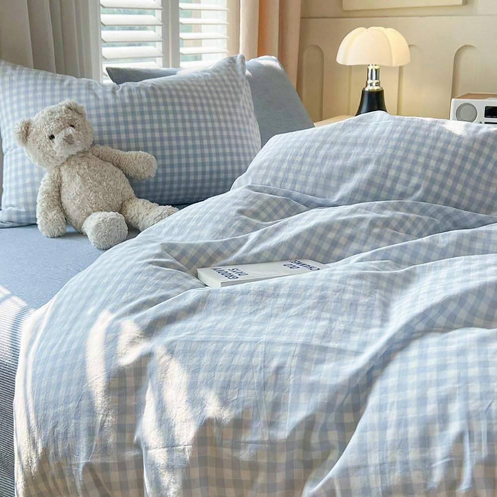 JOLUSERE Soft Blue White Plaid Comforter Full Sets, 3 Pieces Breathable Plaid Buffalo Checkered Reversible Comforter for All Season