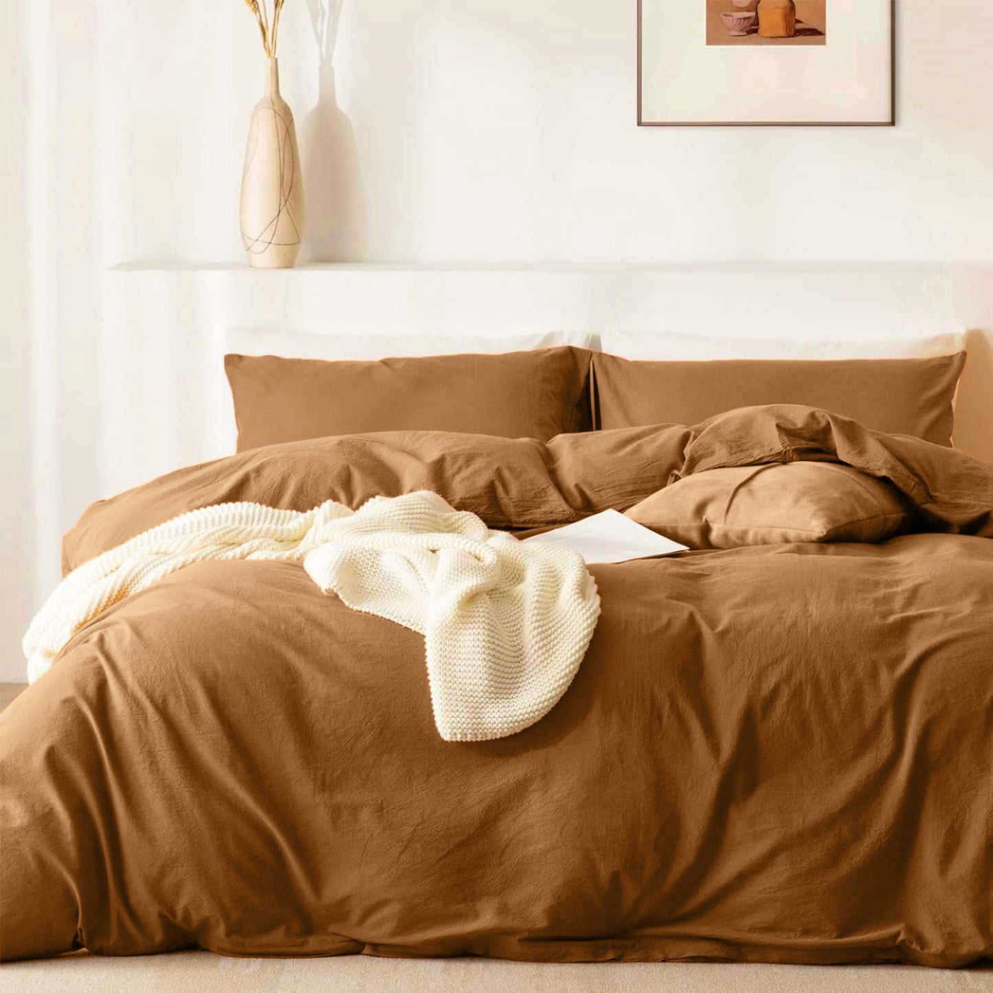 JOLUSERE 100% Organic Yarn-Dyed Cotton Duvet Cover King Set, 3 Pieces Cotton Bedding Duvet Cover,Ultra Soft & Fade Resistant,Caramel