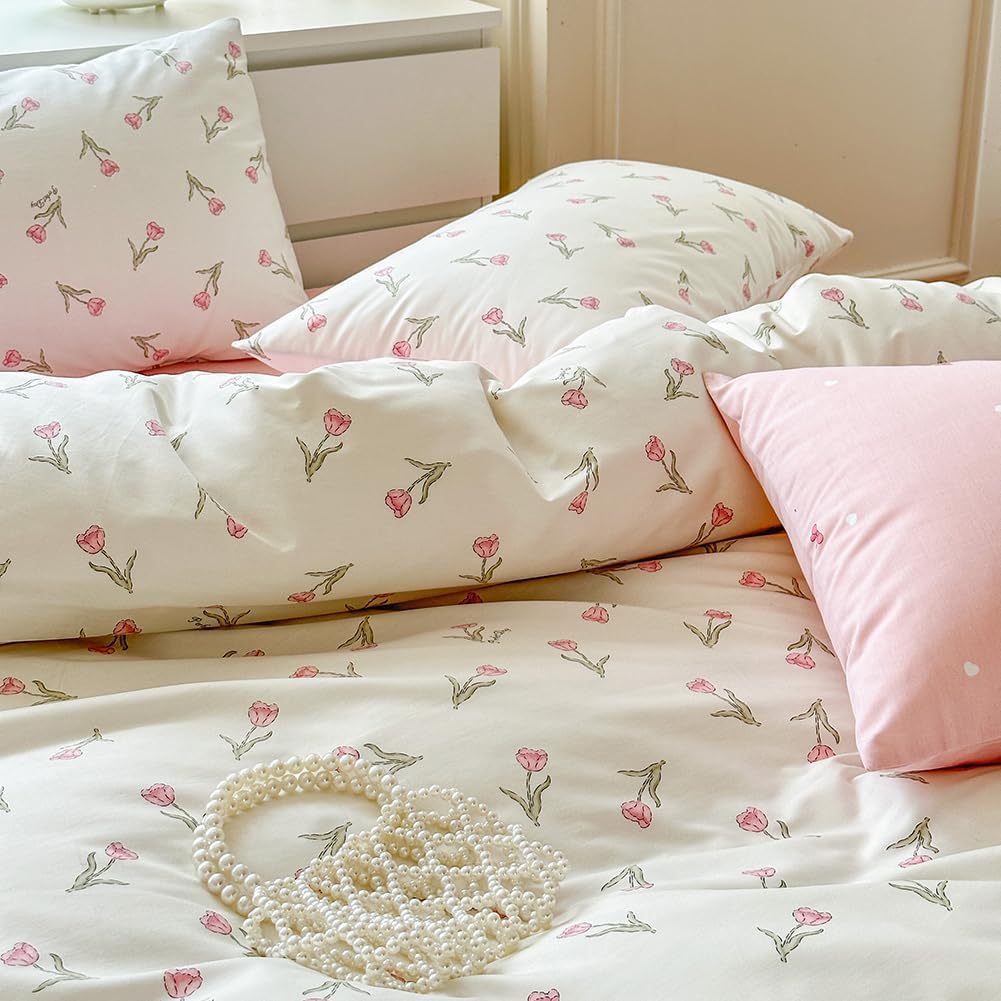 JOLUSERE 100% Organic Cotton Comforter Queen Sets, 3 Pieces Botanical White Pink Floral Tulip Flower Comforter Sets