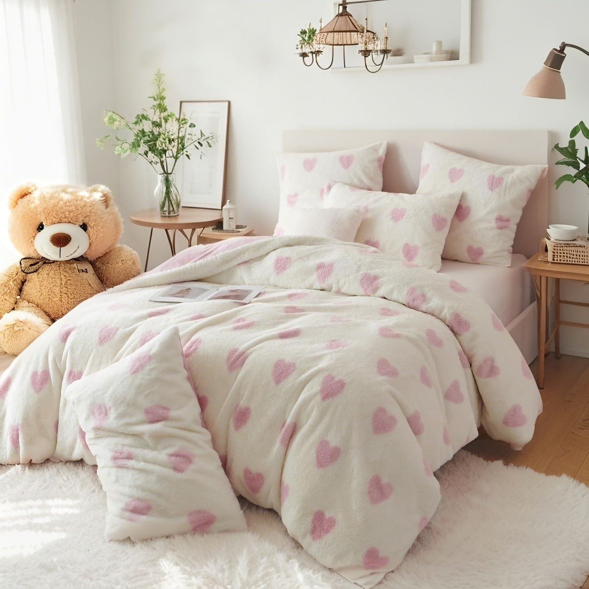 JOLUSERE Fluffy Flannel Duvet Cover Queen Set, 3-Piece Faux Rabbit Fur Luxury Cozy Warm Winter Bedding Set,Pink Heart White