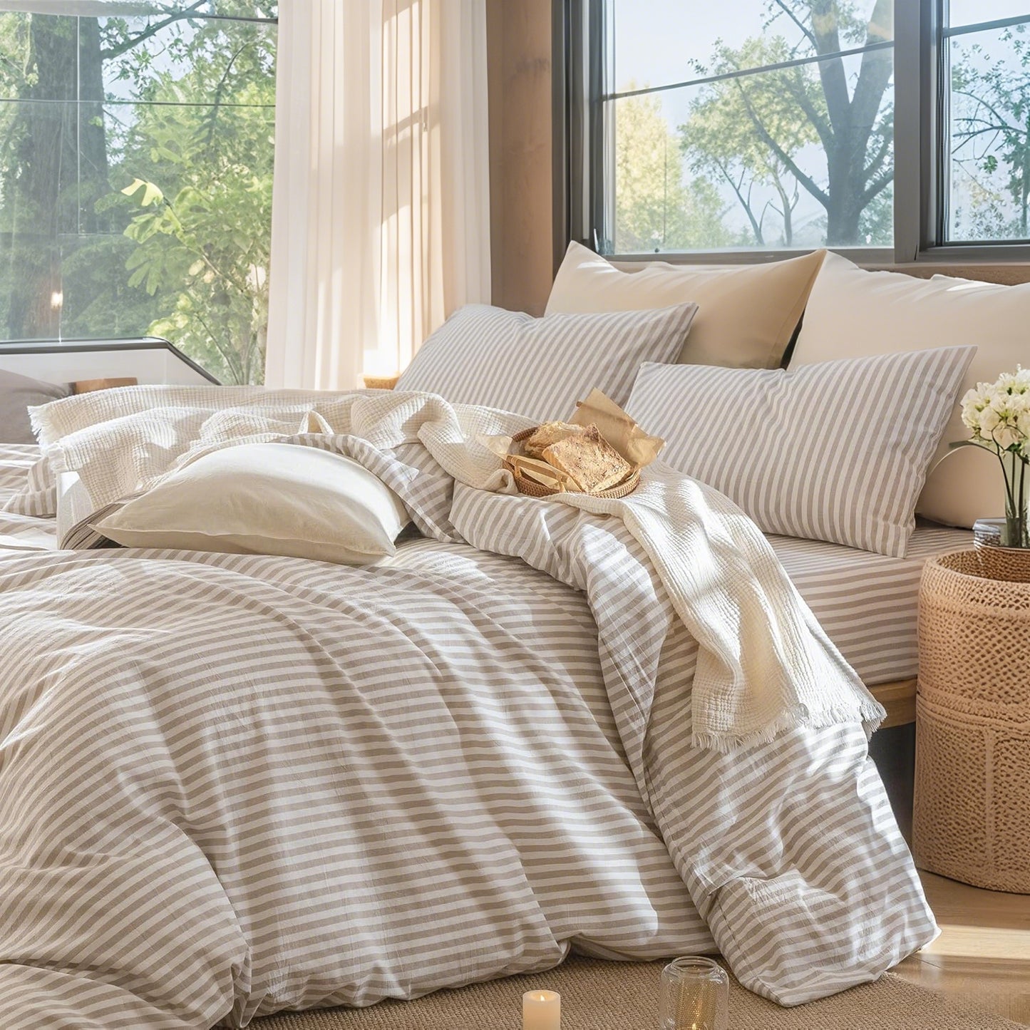 JOLUSERE 100% Organic Cotton Striped Duvet Cover Full Set, 3-Piece Linen Like Textured Breathable Bedding Cover（Beige& White Classic Stripes）