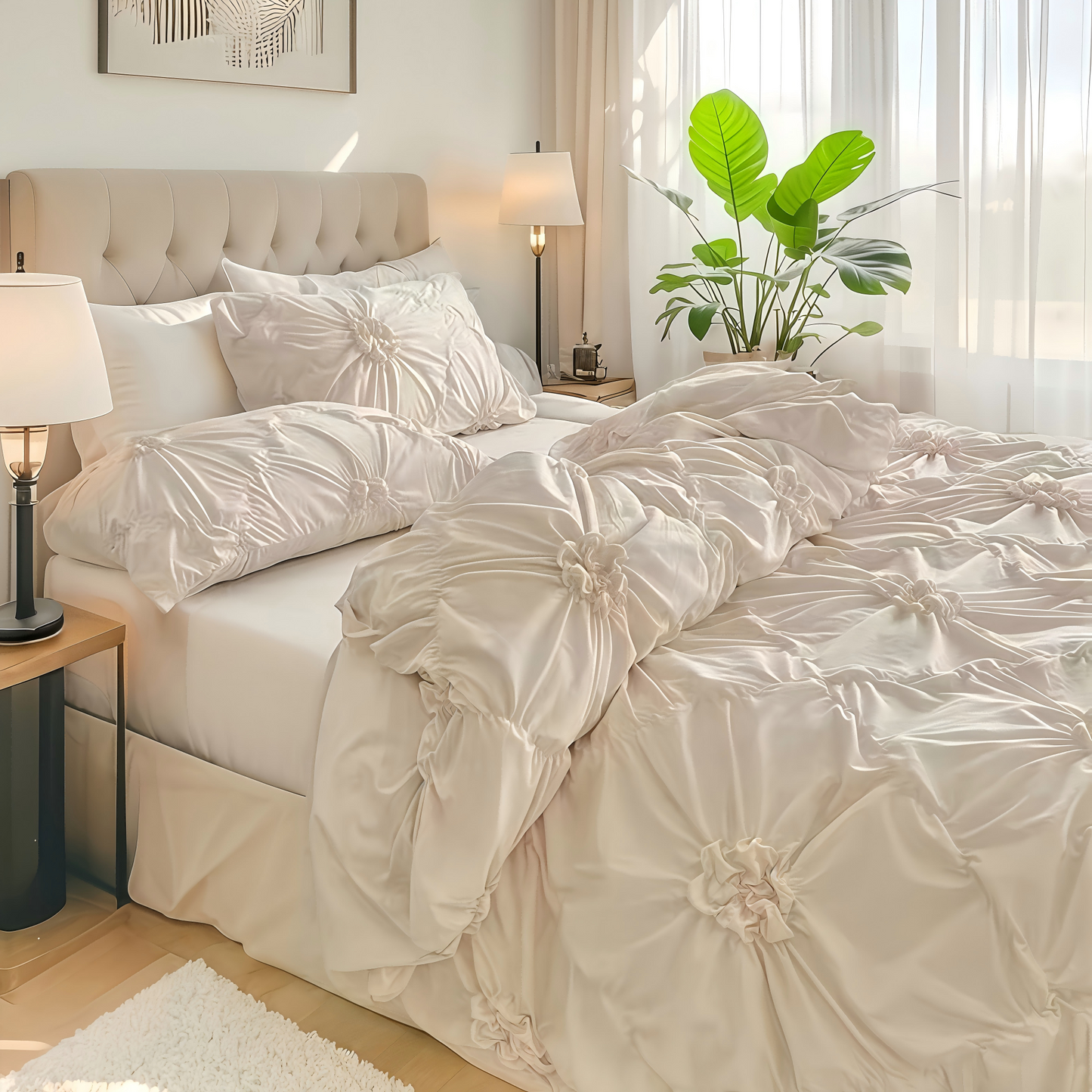 JOLUSERE Rustic French Style Beige Duvet Cover Sets Queen Size, Textured Flower Pinch Pleated Solid Luxury Bedding Sets