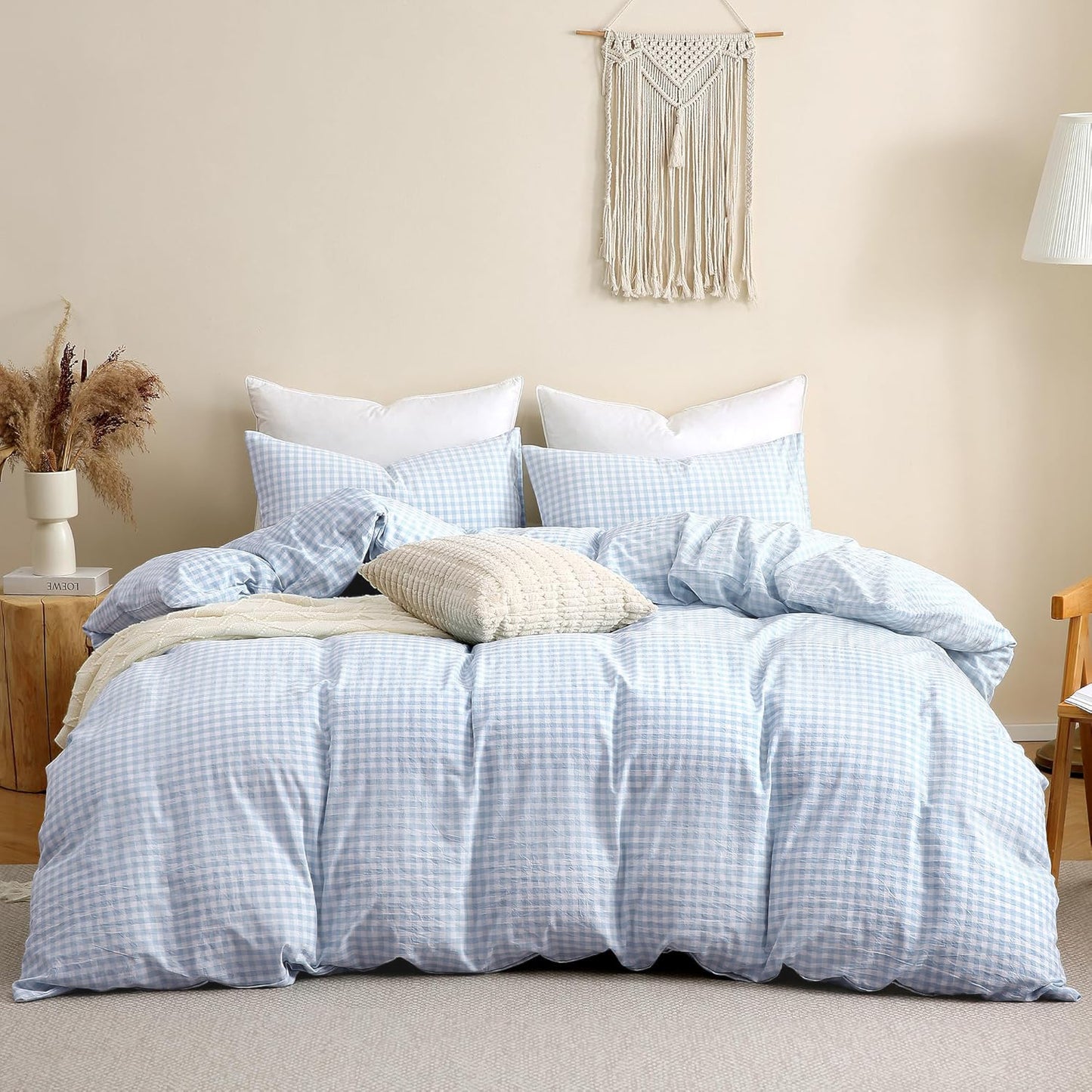 JOLUSERE 3-Piece Soft Breathable Gingham Duvet Cover Full Set，Blue White Plaid Checkered Bedding Cover