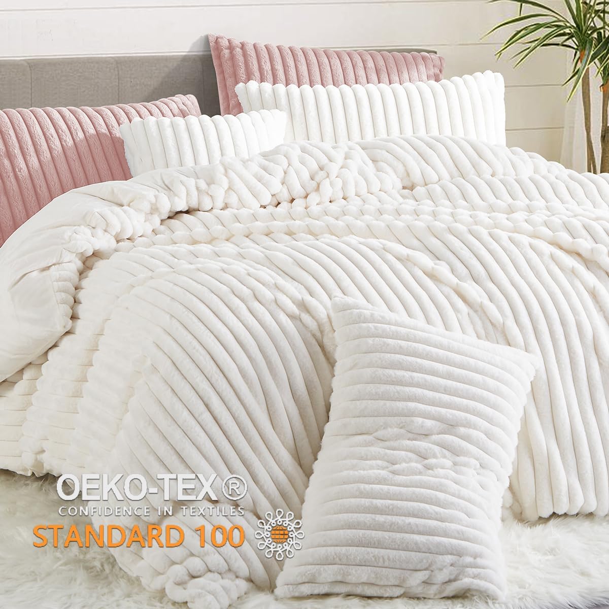JOLUSERE Creamy White Fluffy Striped Duvet Cover King Set, 3-Piece Super Soft Faux Rabbit Fur Winter Warm Fuzzy Comforter Cover