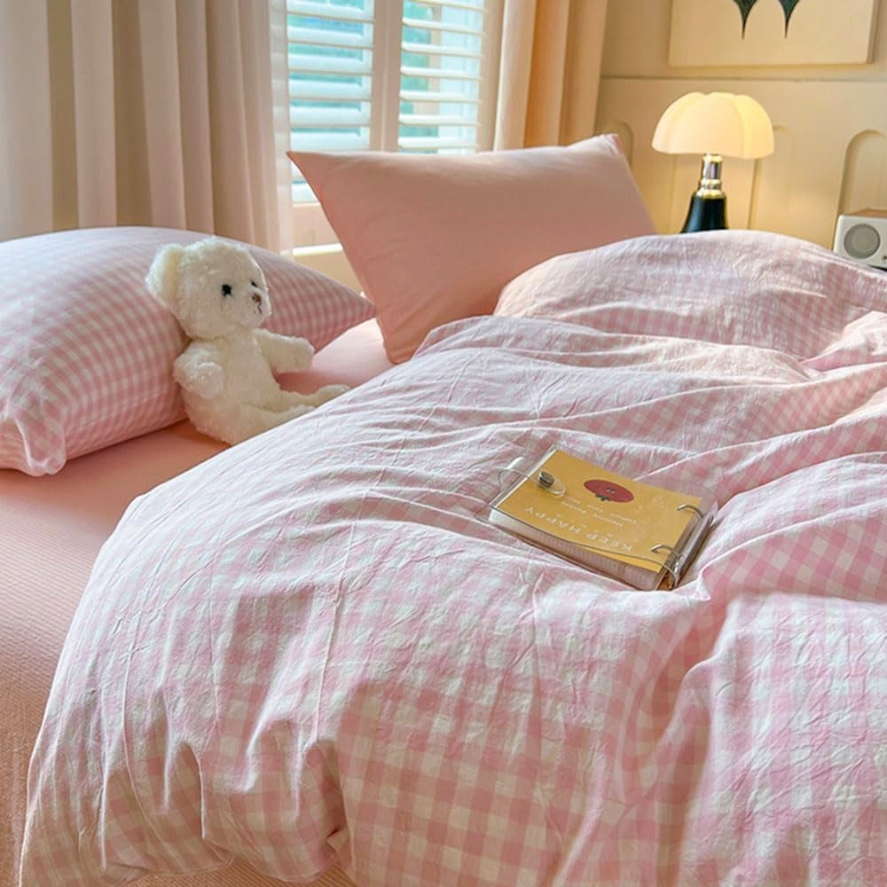 JOLUSERE Soft Pink White Plaid Comforter Queen Sets, 3 Pieces Breathable Plaid Buffalo Checkered Comforter for All Season