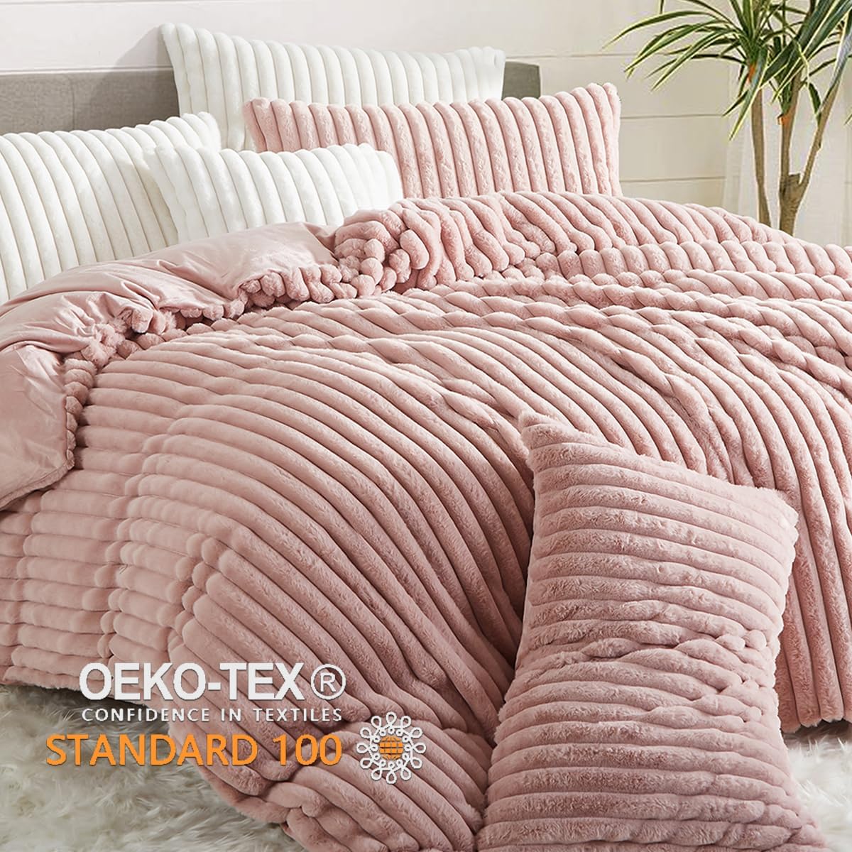 JOLUSERE Soft Pink Fluffy Striped Duvet Cover Queen Set, 3-Piece Super Soft Faux Rabbit Fur Winter Warm Fuzzy Comforter Cover