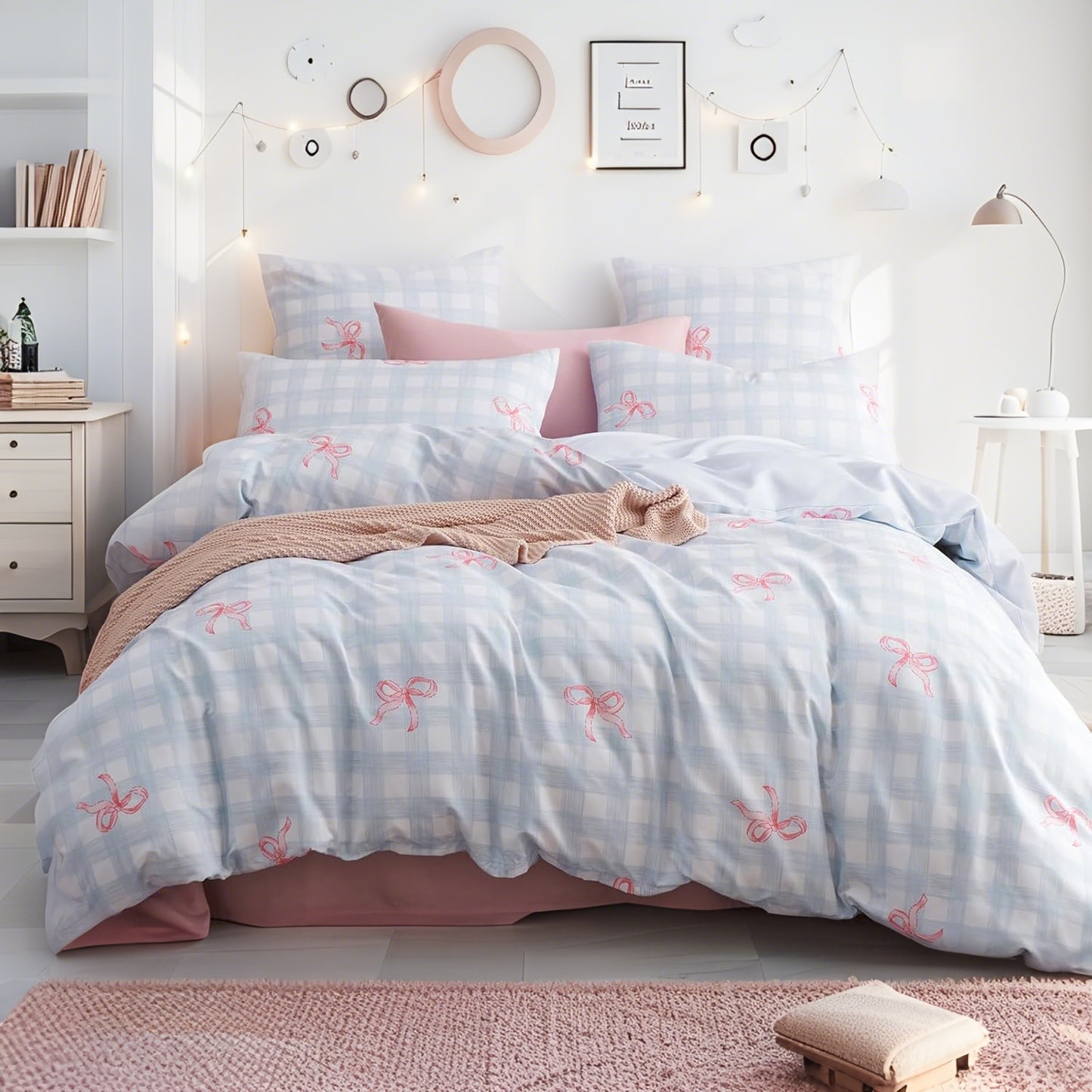 JOLUSERE 3-Piece Blue Gingham Pink Bow Comforter Full Set , Soft Grid Dorm Bedding Set for Kids Adults