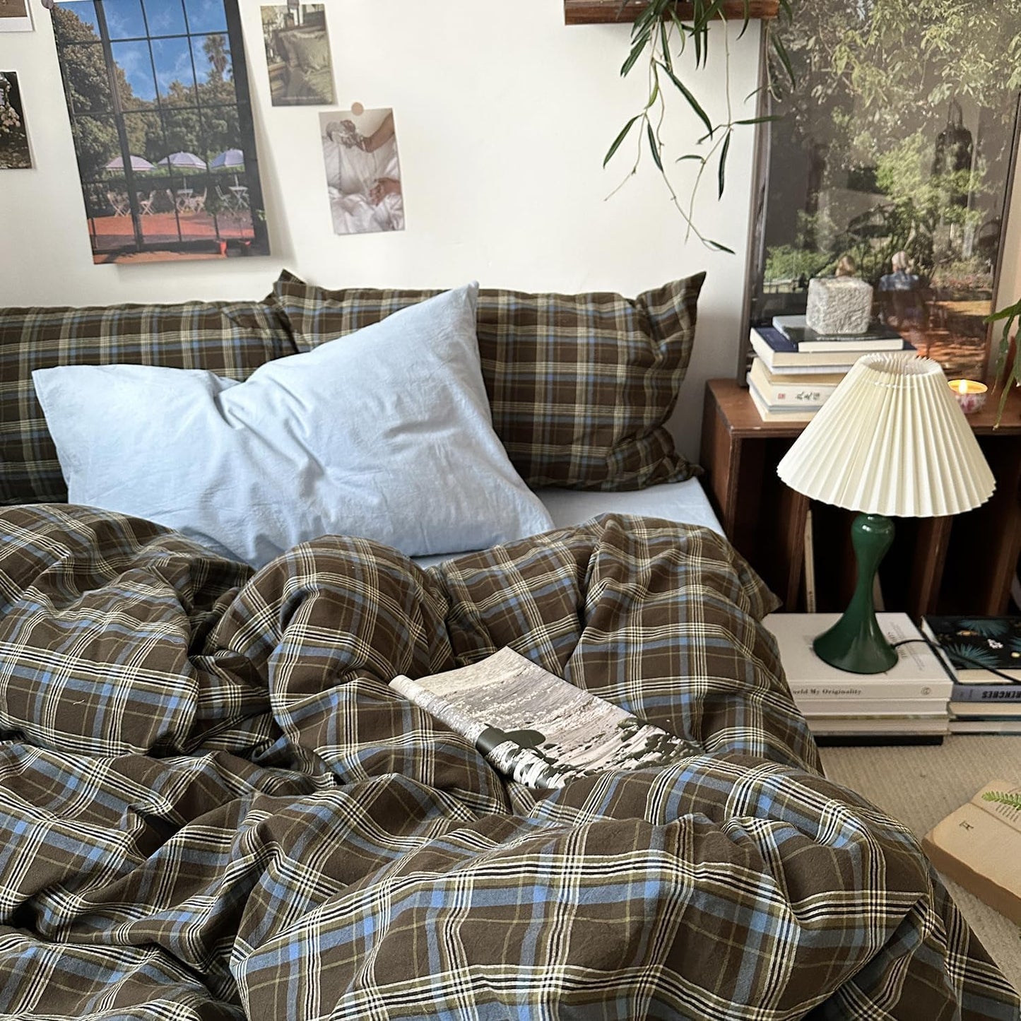 JOLUSERE Blue Brown Plaid Duvet Cover Full Set, 3-Piece Vintage Grid Checkered Pattern Soft Comforter Cover