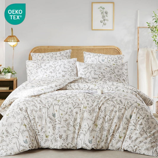 JOLUSERE 100% Cotton Duvet Cover White Floral Duvet Cover Set with Colorful Butterfly Pattern Full Size,Pearl White