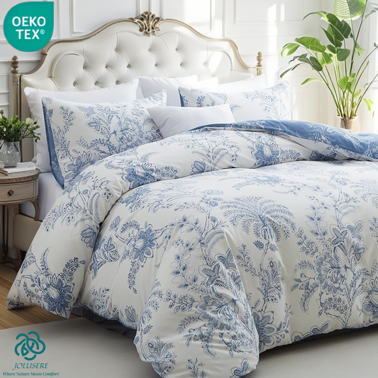 JOLUSERE Blue White Floral Leaves King Comforter Set, 3 Pieces Botanical Plants Reversible Bedding Set for Adults