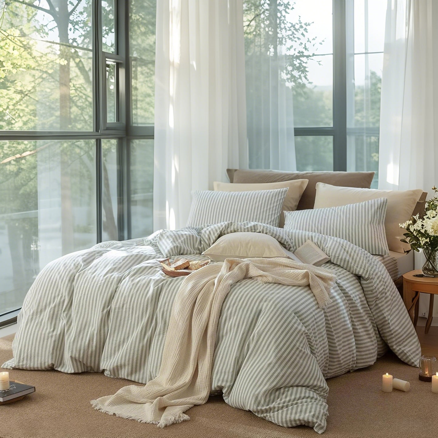 JOLUSERE 100% Organic Cotton Striped Duvet Cover Twin Set, 2-Piece Linen Like Textured Breathable Bedding Cover(Sage Green& White Classic Stripes)