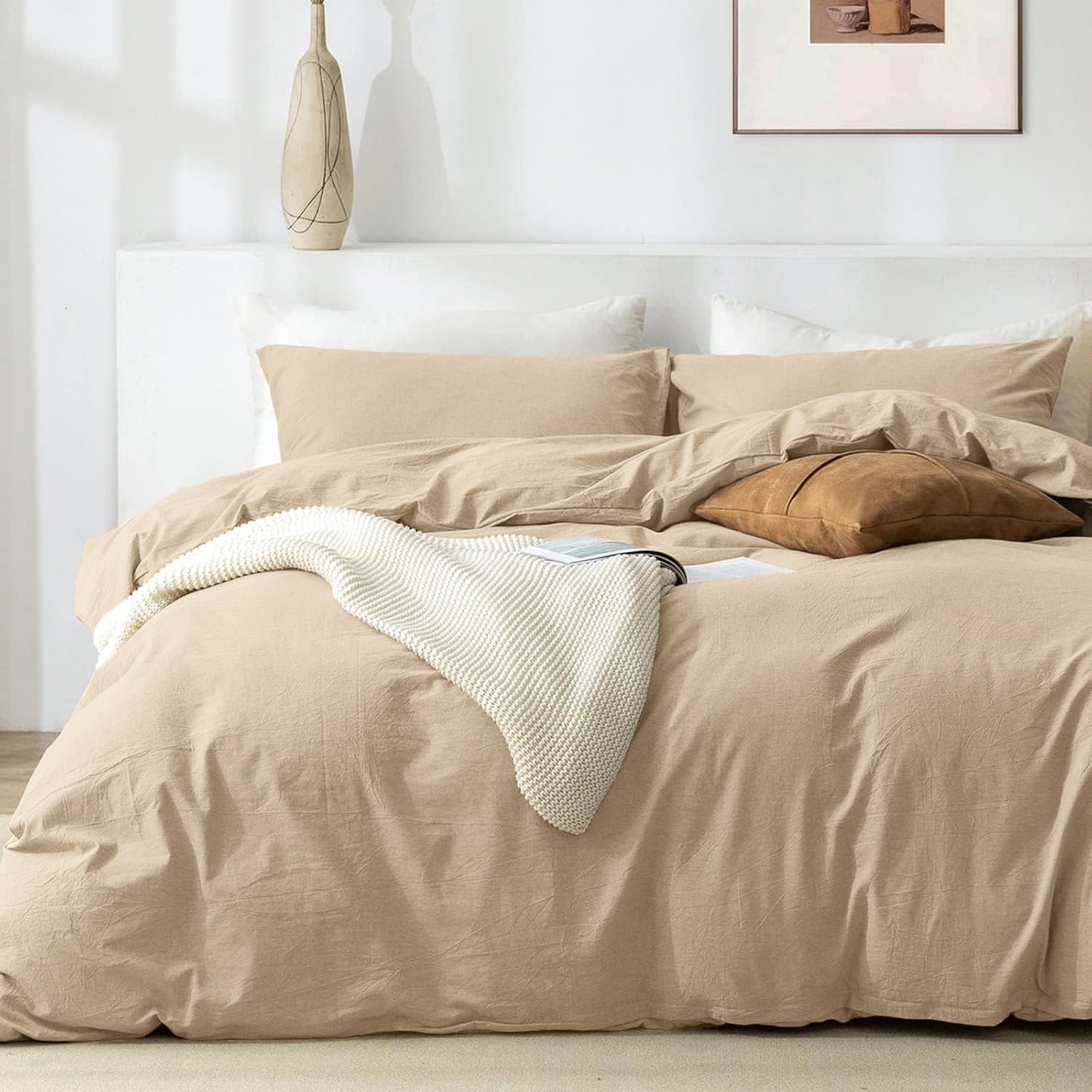 JOLUSERE 100% Organic Yarn-Dyed Cotton Duvet Cover King Set, 3 Pieces Cotton Bedding Duvet Cover,Ultra Soft & Fade Resistant,Khaki