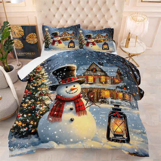 JOLUSERE Christmas Comforter Twin Set,2 Pcs Snowman Christmas Pine Tree Farmhouse Village Bedding Set for All Season