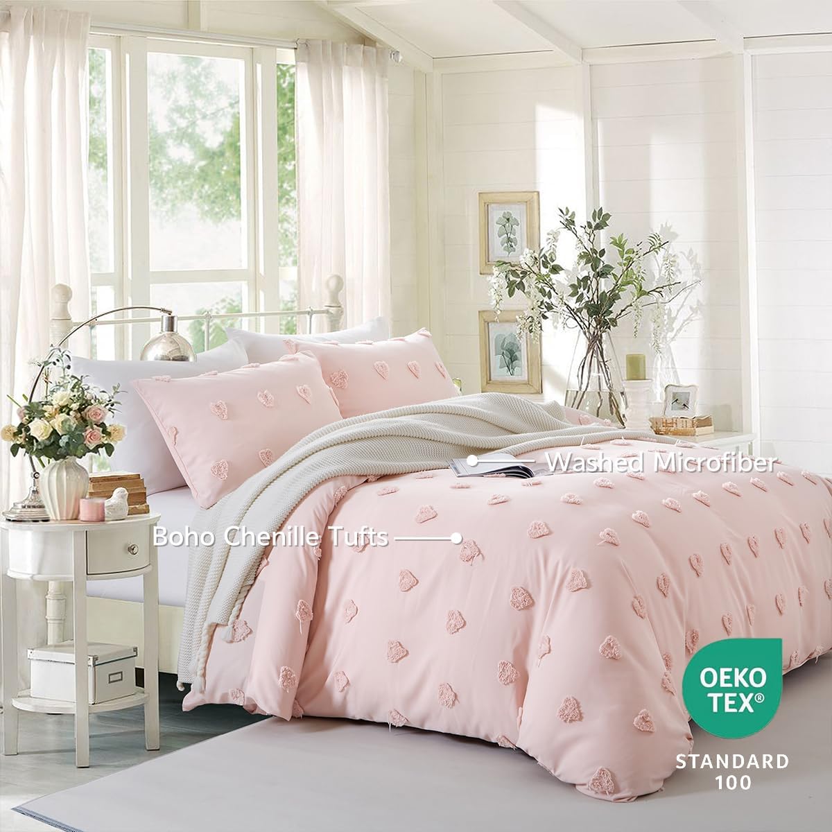 JOLUSERE Pink Tufted Heart Dot Duvet Cover King Set, 3 Pieces Ultra Soft Jacquard Embroidery Shabby Chic Bedding Set for All Season