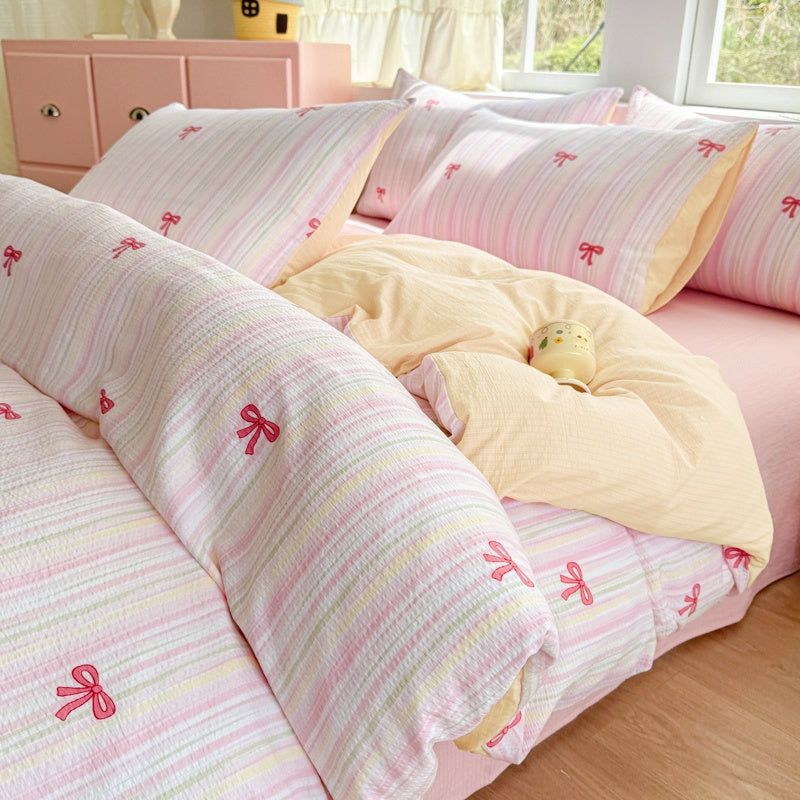 JOLUSERE 2-Piece Colourful Striped Girls Duvet Cover Twin Set, Reversible Pink Bows Soft Bedding Sets for Kids