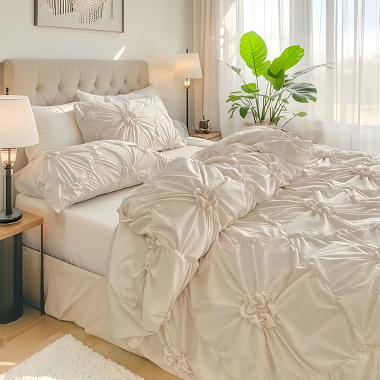JOLUSERE Rustic French Style Beige Duvet Cover Sets King Size, Textured Flower Pinch Pleated Solid Luxury Bedding Sets